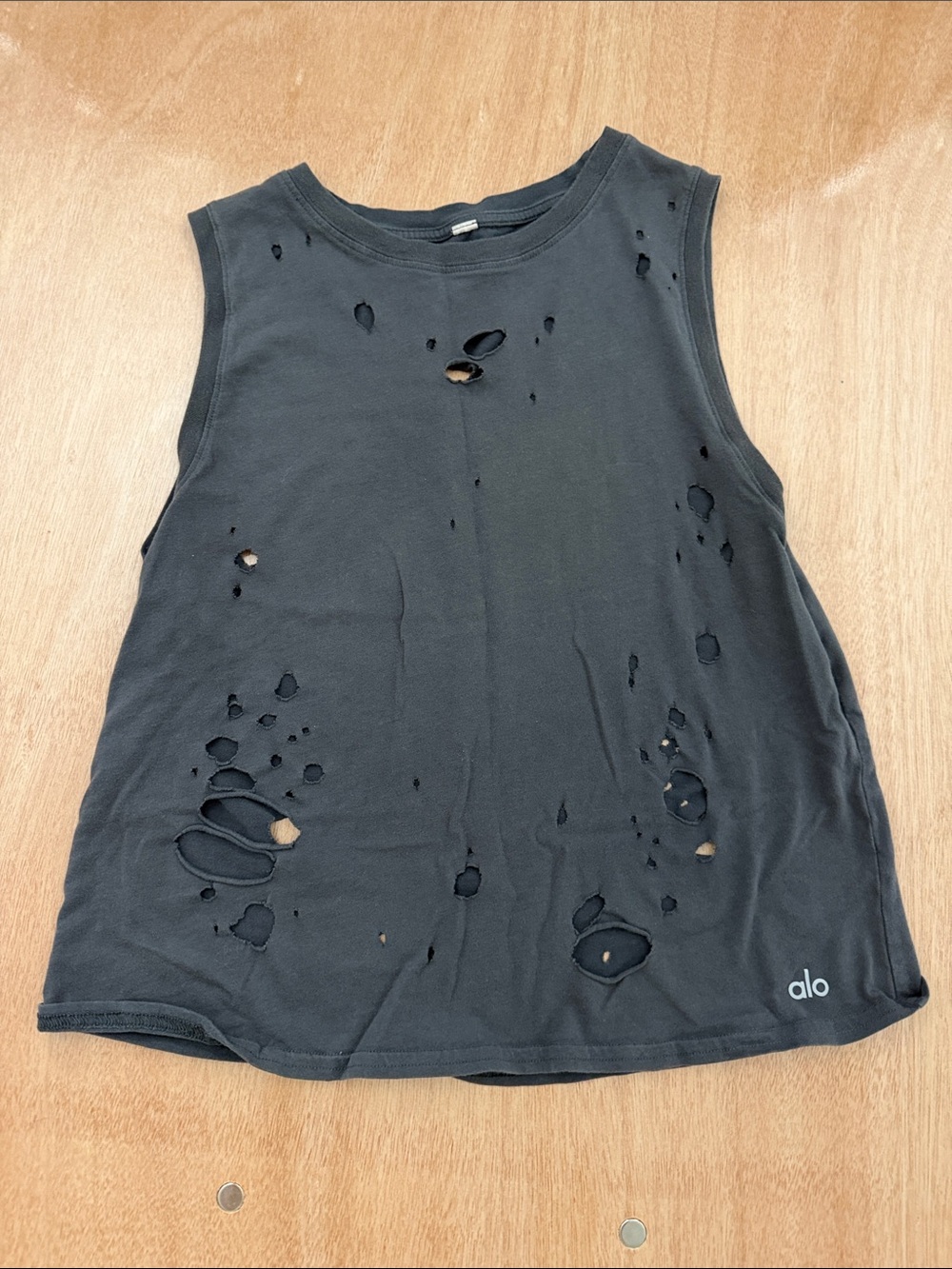 ALO Yoga Anthracite Grey Distressed Tank with Logo